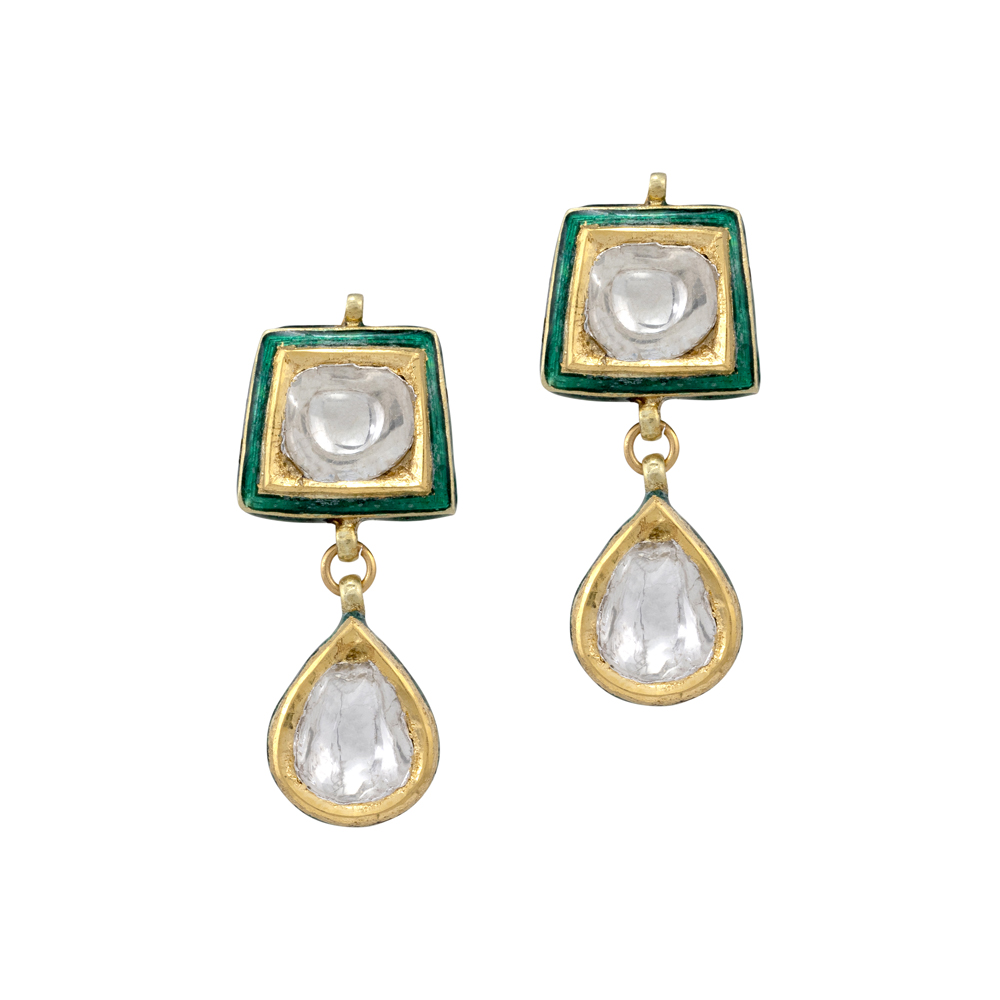 Green Meenakari Earrings with Polki and Pear-Shaped Drop